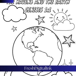 Könnte beinhalten: Schwarz-Weiß-Illustration mit Erde, Sternen, Wolken, Sonne und Mond. Der Text enthält "Am Anfang schuf Gott Himmel und Erde Genesis 1:1" und "FreshDigitalInk".
