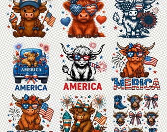 July 4th Highland Cow PNG, Merica Heifer Funny Cute Baby Cow Fourth Of July Sublimation Design,Trendy America USA Popular PNG, 4th of July