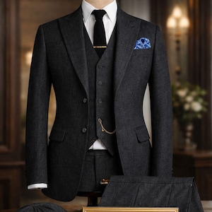 Men’s Tweed Herringbone 3 Piece Suit with Overcoat |1920's Peaky Blinders Inspired  | Custom Tailored