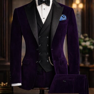 Men’s Purple Velvet Tuxedo | Custom Tailored 3-Piece Wedding Suit with Satin Lapels | Formal Wear
