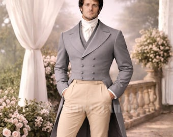 May include: A light gray double-breasted tailcoat suit with a matching vest and cream-colored trousers. The suit features a high collar shirt and is set in an outdoor garden setting.