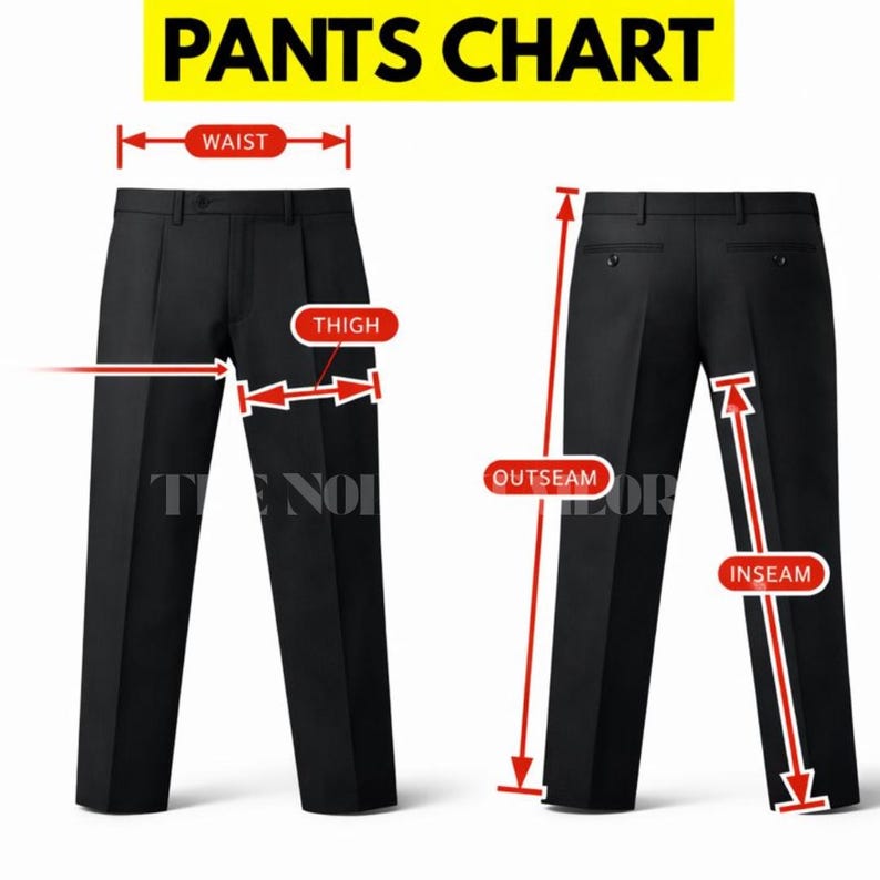 Puede incluir: Un pantal&oacute;n negro con etiquetas de medici&oacute;n para la cintura, el muslo, la costura exterior y la entrepierna. El texto "PANTS CHART" est&aacute; en amarillo en la parte superior. El pantal&oacute;n se muestra de frente y de espalda.