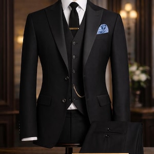 Custom Made Men’s Black Suit | Classic Formal Tropical Wool Suit |Wedding & Business Wear