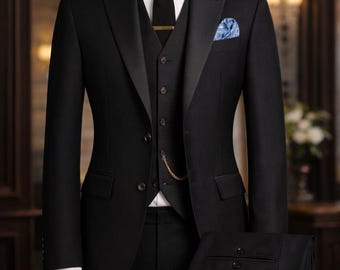 Custom Made Men’s Black Suit | Classic Formal Tropical Wool Suit |Wedding & Business Wear