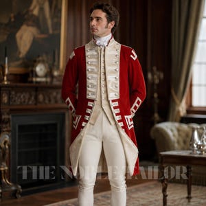 May include: A red military-style coat with cream-colored accents, silver buttons, and white pants. The coat features decorative white trim and is part of a historical costume. The text "THE NOBLE TAILOR" is visible at the bottom of the image.
