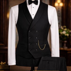 Pode incluir: Um fato preto formal exibido em um manequim, incluindo um colete de abotoamento duplo com corrente dourada, uma camisa branca, uma gravata borboleta preta e cal&ccedil;as pretas combinando. Uma pequena placa dourada diz "The Noble Tailor".