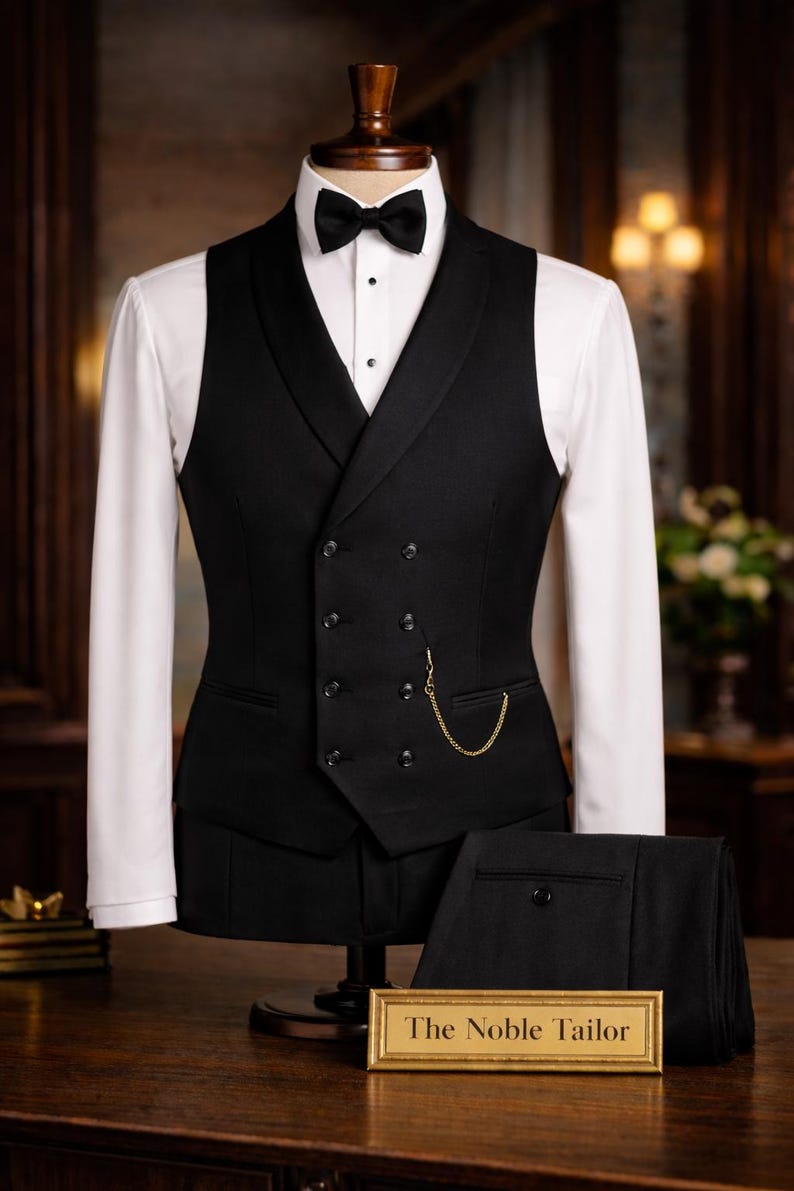Pode incluir: Um fato preto formal exibido em um manequim, incluindo um colete de abotoamento duplo com corrente dourada, uma camisa branca, uma gravata borboleta preta e cal&ccedil;as pretas combinando. Uma pequena placa dourada diz "The Noble Tailor".