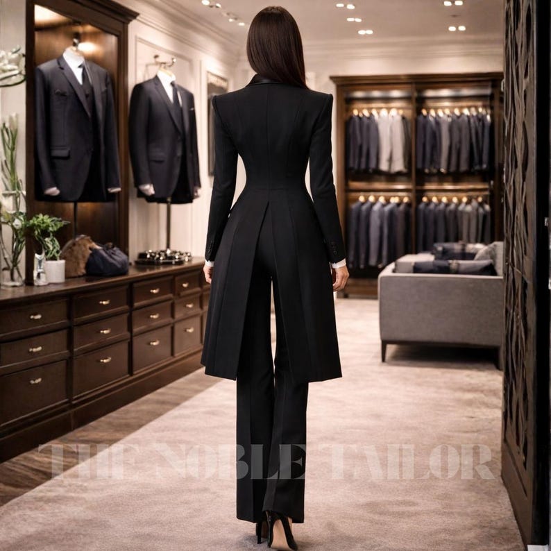 May include: A black suit with a long, tailored jacket and matching trousers. The jacket has a unique design with a flared back, and the trousers are straight-legged. The image is taken from behind, showcasing the suit's elegant silhouette.