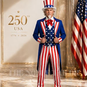 Op de afbeelding: Een persoon gekleed als Uncle Sam, met een blauwe jas met rood-witte strepen, een bijpassende gestreepte broek en een vest met sterren. De outfit omvat een hoge hoed en een rode vlinderdas. De achtergrond toont de tekst "250th USA 1776 2026".