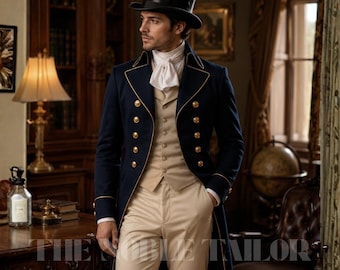 1800's Regency Tailcoat Suit, Victorian Jane Austen Formal Navy Blue Historical Wedding Outfit