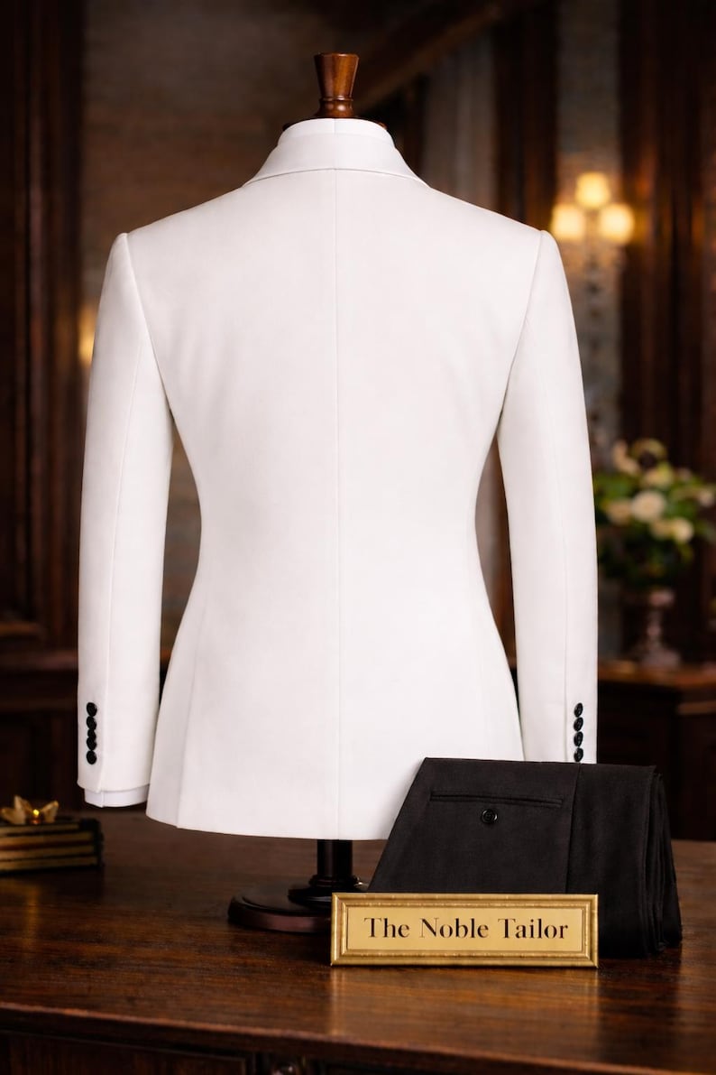 Pode incluir: Um casaco de fato branco exposto num manequim, com cal&ccedil;as pretas. O casaco tem um design cl&aacute;ssico com quatro bot&otilde;es em cada punho. Uma placa dourada na base diz "The Noble Tailor".