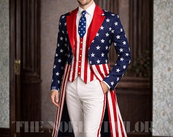 May include: A patriotic outfit with a navy blue blazer adorned with white stars, a red collar, and a matching striped vest. The ensemble includes a white shirt, a blue star-patterned tie, and white trousers. The long coat features red and white stripes.
