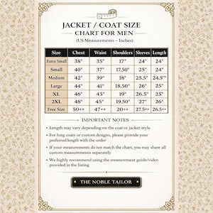 May include: A jacket and coat size chart for men, with measurements in inches. The chart includes sizes from extra small to free size, detailing chest, waist, shoulder, sleeve, and length measurements. The chart also includes important notes about custom designs.
