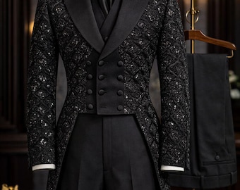 Men’s Black Brocade Tailcoat Suit | Custom Tailored Double Breasted Coat | Wedding & Formal Event Wear
