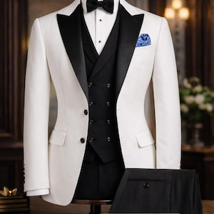 Pode incluir: Um smoking branco com lapelas pretas, um colete preto e uma gravata borboleta preta. Um len&ccedil;o de bolso azul estampado adiciona um toque de cor. As cal&ccedil;as pretas a condizer est&atilde;o dobradas. A placa diz "The Noble Tailor."