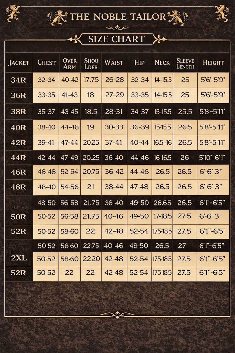 Puede incluir: Una tabla de tallas de The Noble Tailor, con columnas para talla de chaqueta, pecho, brazo, hombro, cintura, cadera, cuello, largo de manga y altura. La tabla tiene una combinaci&oacute;n de colores dorados y marrones.