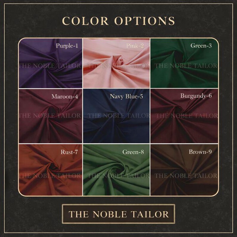 Pode incluir: Um gr&aacute;fico de cores exibindo amostras de tecido em v&aacute;rias tonalidades. As op&ccedil;&otilde;es incluem Purple-1, Pink-2, Green-3, Maroon-4, Navy Blue-5, Burgundy-6, Rust-7, Green-8 e Brown-9. O texto "COLOR OPTIONS" e "THE NOBLE TAILOR" tamb&eacute;m est&atilde;o presentes.