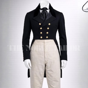 May include: A black tailcoat with gold buttons, a black velvet collar, and a matching tie. The coat is paired with cream-colored trousers. The text "THE NOBLE TAILOR" is visible on the lower left side of the image.