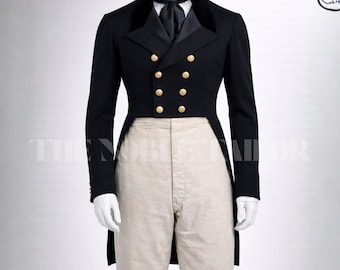 May include: A black tailcoat with gold buttons, a black velvet collar, and a matching tie. The coat is paired with cream-colored trousers. The text "THE NOBLE TAILOR" is visible on the lower left side of the image.