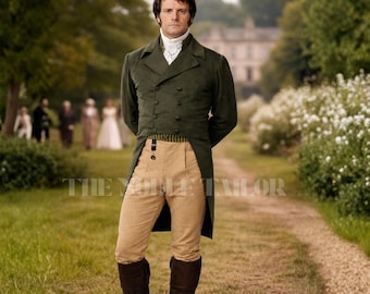 Green Regency Victorian Era Tailcoat for Men | Tropical Wool 19th Century Mr.Darcy Inspired