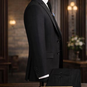May include: A black suit displayed on a mannequin, with a white dress shirt and black tie. The suit includes a jacket and matching trousers, presented on a wooden table. A sign reads "The Noble Tailor."