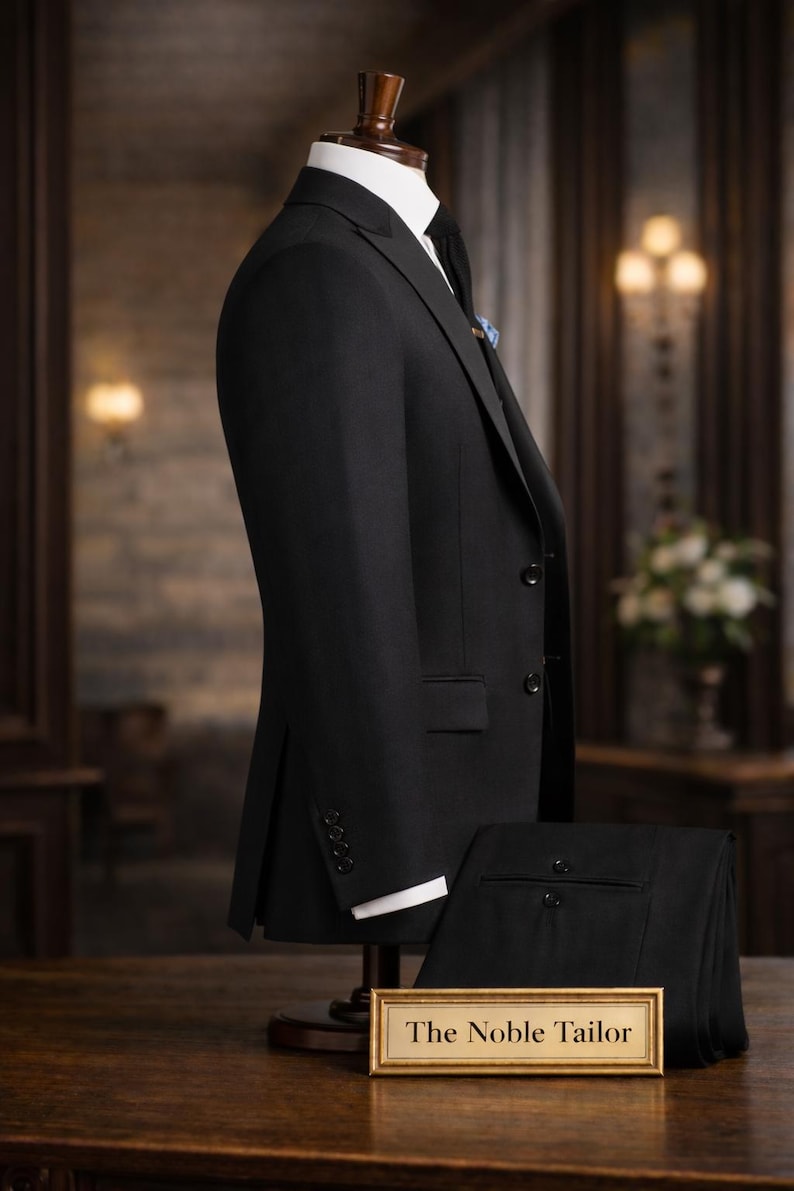 May include: A black suit displayed on a mannequin, with a white dress shirt and black tie. The suit includes a jacket and matching trousers, presented on a wooden table. A sign reads "The Noble Tailor."