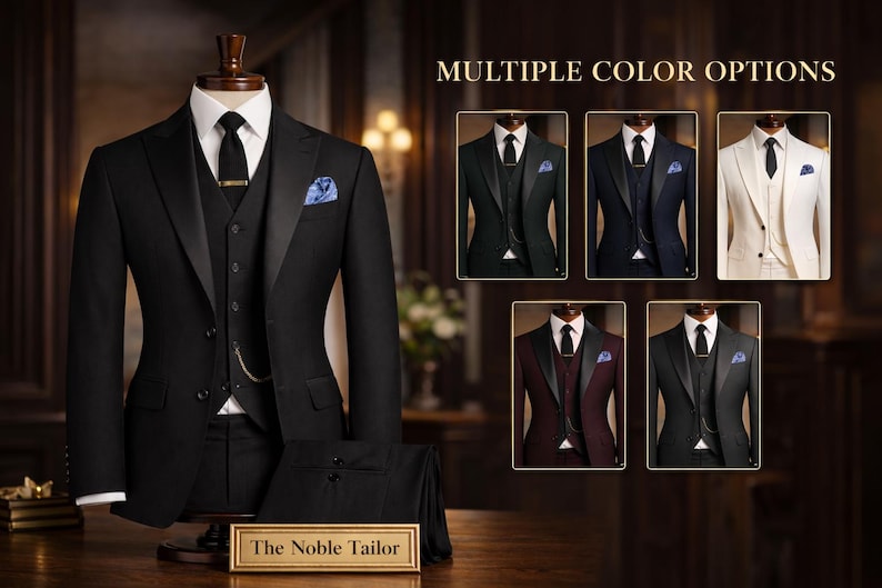 May include: A black three-piece suit with a white dress shirt, black tie, and pocket square. The image shows multiple color options for the suit. The sign at the bottom reads "The Noble Tailor".