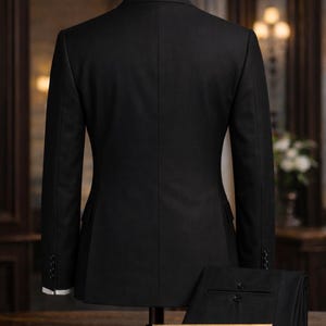 May include: A black suit jacket and matching trousers displayed on a mannequin. The suit is tailored with a classic design, featuring a white collared shirt underneath. The trousers are neatly folded beside the jacket. A sign reads "The Noble Tailor."