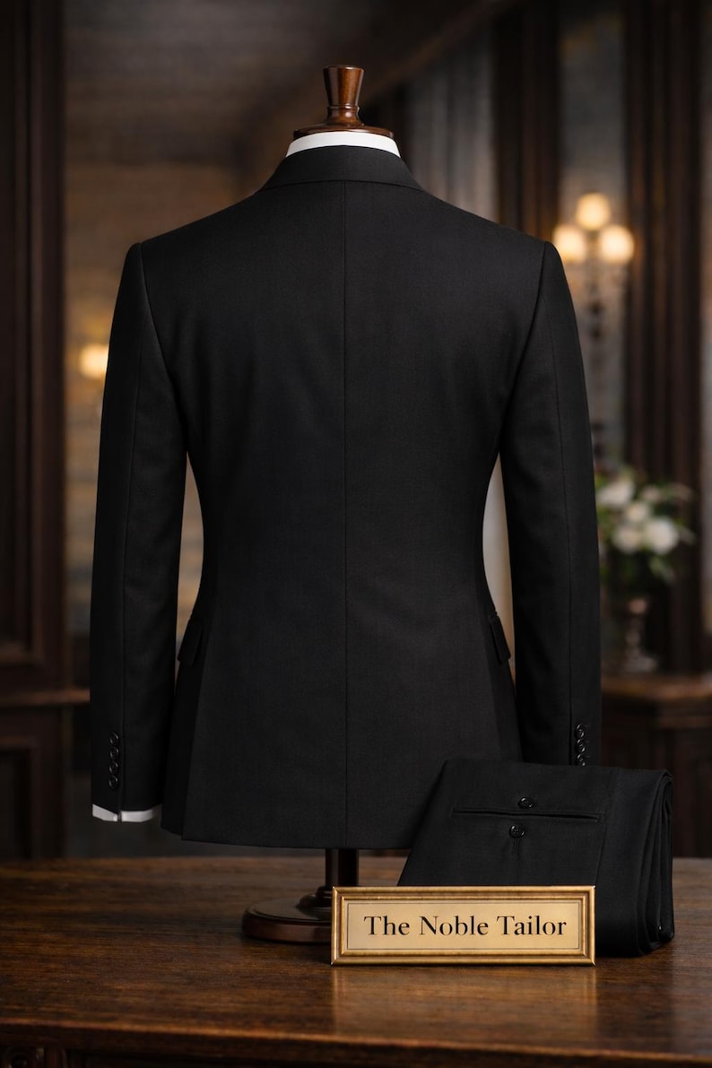 May include: A black suit jacket and matching trousers displayed on a mannequin. The suit is tailored with a classic design, featuring a white collared shirt underneath. The trousers are neatly folded beside the jacket. A sign reads "The Noble Tailor."