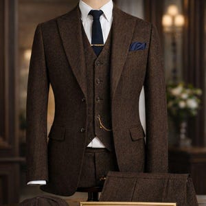 May include: A brown tweed three-piece suit displayed on a mannequin, including a jacket, vest, and trousers. The suit features a white dress shirt, navy tie, and pocket square. A flat cap and a sign that reads "THE NOBLE TAILOR" are also present.