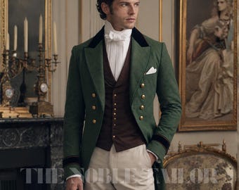 May include: A green tailcoat with gold buttons, black velvet trim, and a brown vest. The outfit includes a white shirt, bow tie, and light-colored pants. The text "THE NOBLE TAILOR" is visible at the bottom of the image.