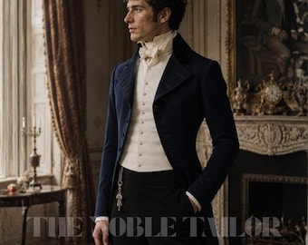 May include: A man in a navy blue tailcoat, white vest, and black trousers. The outfit is from "The Noble Tailor". The man is standing in a room with a window and a painting on the wall. The outfit is reminiscent of historical formal wear.