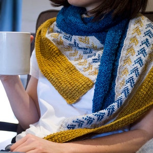 May include: A woman wearing a white shirt and a blue and yellow knitted shawl. She is holding a white mug.