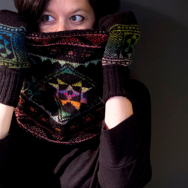 Knitting Pattern for Pysanky Cowl and Mittens Set