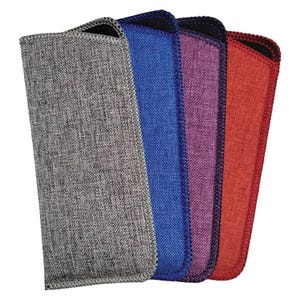 May include: A collection of four fabric eyeglass cases in various colors. The cases are gray, blue, purple, and red, each with a contrasting black trim. The cases are rectangular and appear to be made of a textured material.
