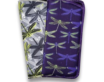 Dragonfly Print Eyeglass Case, Soft Protective Sleeve, Grey Navy Holder