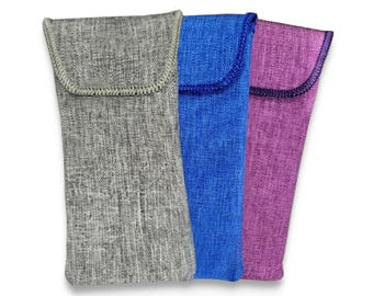 Estuche suave para gafas, funda para gafas con aspecto de lino, estuche acolchado para gafas.