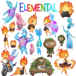 Puede incluir: Una colección de personajes de dibujos animados de la película Elemental, incluyendo seres de fuego, agua, tierra y aire. La palabra ELEMENTAL está impresa en letras grandes y multicolores en la parte superior, con varias poses.