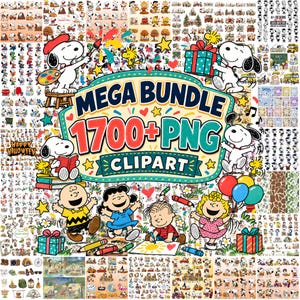 Puede incluir: Una colección digital de más de 1700 archivos clipart PNG con Snoopy, Charlie Brown y la pandilla de Peanuts en varias escenas estacionales. El gráfico central muestra el texto MEGA BUNDLE 1700+ PNG CLIPART en colores llamativos.