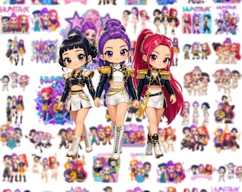 Puede incluir: Una colección de pegatinas con varios personajes estilo chibi en trajes coloridos, con tres figuras prominentes en el centro que visten trajes de actuación a juego en azul oscuro y blanco con detalles dorados y botas blancas.