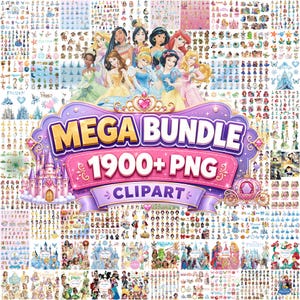 May include: A digital collection of over 1900 PNG clipart files featuring various animated princess characters, castles, and carriages. The central graphic displays the text MEGA BUNDLE 1900+ PNG CLIPART in a purple and gold decorative frame.