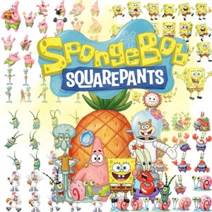 May include: A digital collage featuring the SpongeBob SquarePants logo in yellow and blue text above a large pineapple house. The image includes various cartoon characters like SpongeBob, Patrick, Squidward, Sandy, Mr. Krabs, and Plankton.