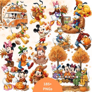 Puede incluir: Una colección de personajes de Disney que incluye a Mickey, Minnie, Donald, Daisy, Goofy y Pluto en escenas temáticas de otoño. Las ilustraciones presentan calabazas, follaje otoñal, suéteres acogedores y actividades festivas como tallar calabazas.