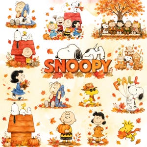 May include: A collection of Peanuts character illustrations featuring Snoopy, Charlie Brown, and friends in autumn settings with pumpkins, falling orange leaves, and red doghouses. The word SNOOPY is centered in large orange letters above the characters.