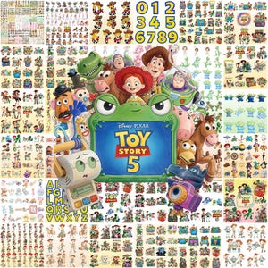 May include: A large collection of Toy Story 5 themed stickers featuring various characters like Woody, Buzz Lightyear, Jessie, and Rex. The center displays a green frog-shaped frame with the Disney Pixar Toy Story 5 logo, surrounded by numerous small character illustrations, numbers, and alphabet letters.