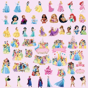 May include: A collection of stickers featuring various animated princesses in colorful gowns, including depictions of castles, banners, and group scenes. The characters are shown in diverse poses, outfits, and hairstyles against a light pink background.