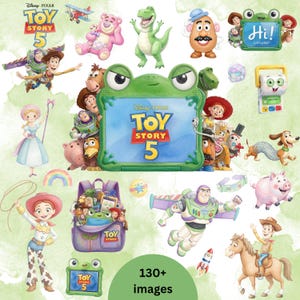 Op de afbeelding: Een verzameling digitale Toy Story 5-stickers met personages zoals Woody, Buzz Lightyear, Jessie, Rex en Mr. Potato Head. De set bevat een centraal groen, kikker-vormig frame met het Toy Story 5-logo en een rugzak gevuld met speelgoed.