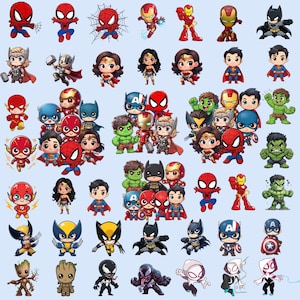 Puede incluir: Una colección de pegatinas de superhéroes estilo chibi con personajes como Spider-Man, Iron Man, Batman, Thor, Wonder Woman, Superman, Hulk, Wolverine, Groot, Venom y Spider-Gwen en varias poses dinámicas y trajes coloridos.