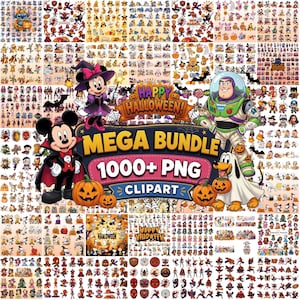 May include: A digital collection of over 1000 Halloween-themed PNG clipart images featuring various cartoon characters in costumes, pumpkins, and bats. The central graphic displays the text Happy Halloween Mega Bundle 1000+ PNG Clipart.