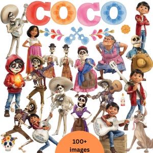 May include: A digital collection of Coco movie characters including Miguel, Hector, and Ernesto de la Cruz, featuring skeletons, guitars, marigolds, and the word COCO in colourful letters. The set includes over 100 individual graphic illustrations.